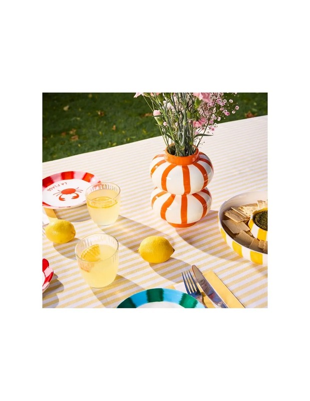 Vaso a sfere bianco in ceramica a righe verticali arancioni, dipinto a mano